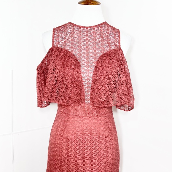Keepsake Rose Pink Lace Sweetheart Plunge Ruffle Cold Shoulder Mini Pencil Dress - Picture 6 of 16